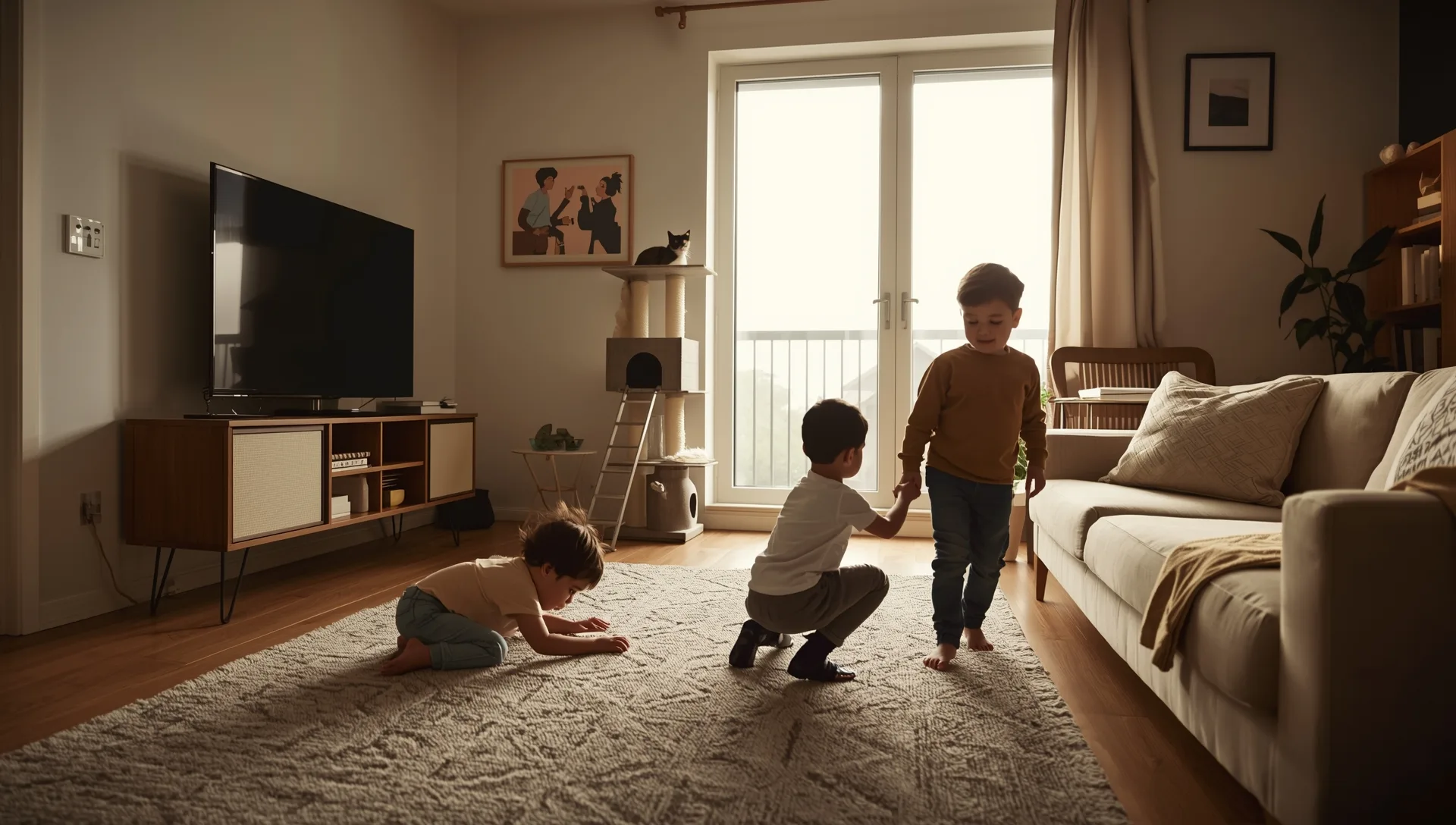 Family in a cozy living room with a cat on a cat tree and children playing on a rug