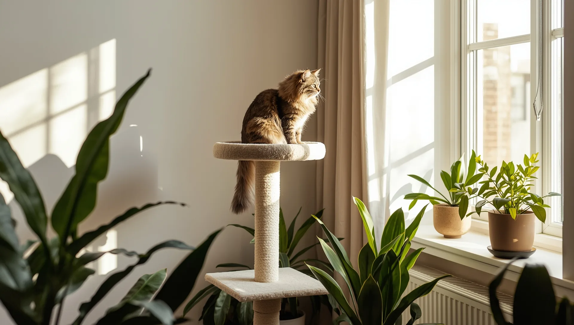 Fluffy tabby cat perched on a tall cat tree in a warm cream-toned living room