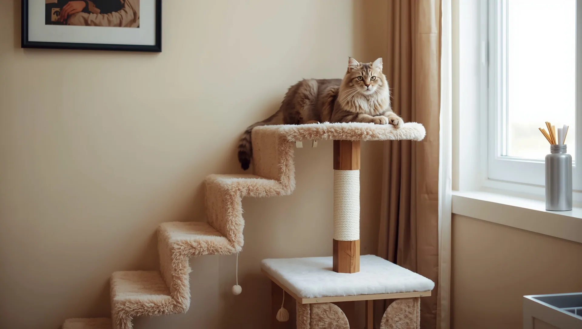 Stair-stepped cat tree with a fluffy senior cat resting on a middle platform