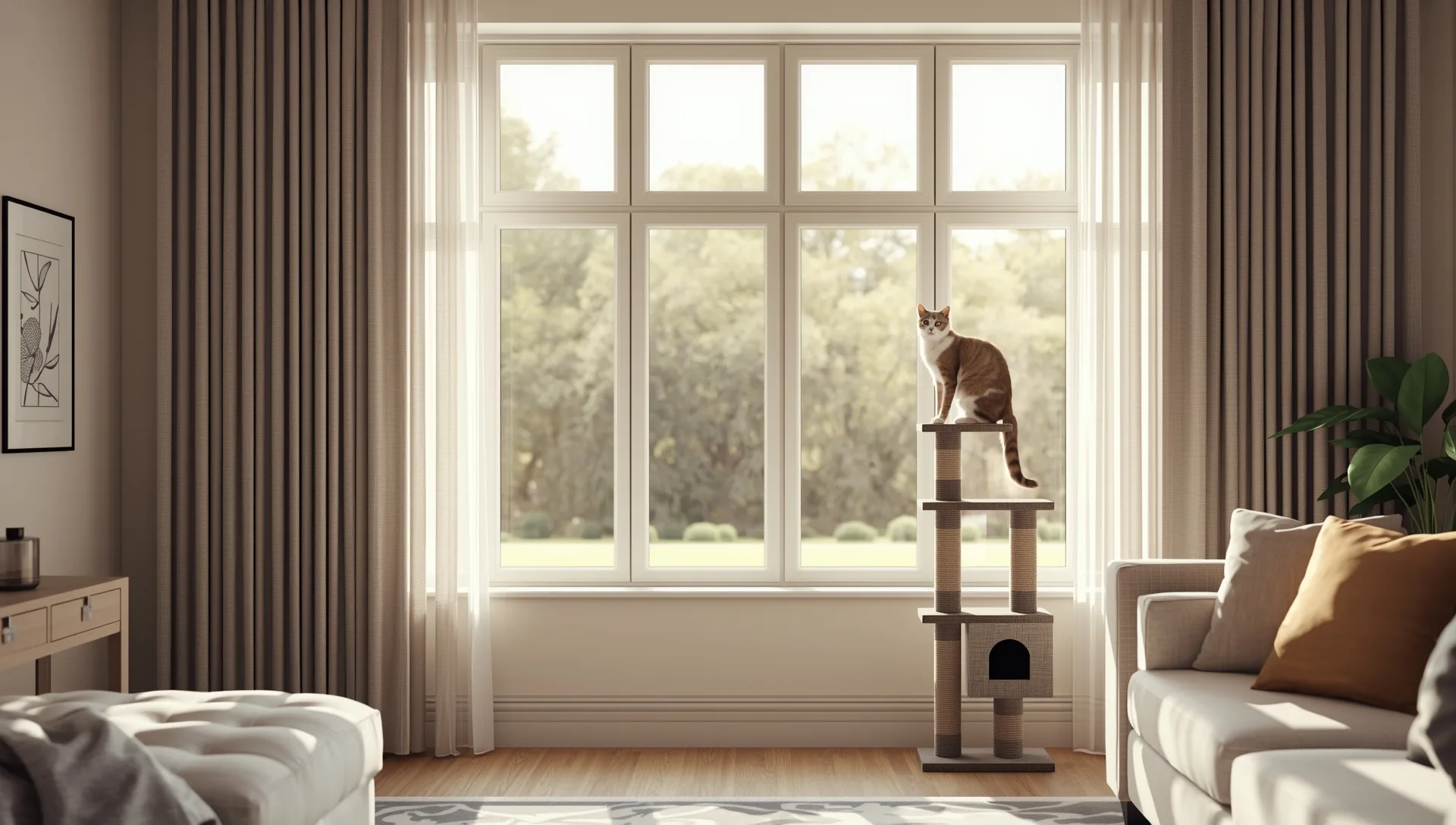 Tall cat tree beside a sunny window with a cat on the top perch