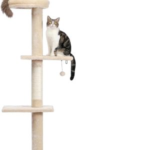 5-Tier Cat Tower Adjustable Tall Cat Climbing Tree with Scratching Post - Beige Plush