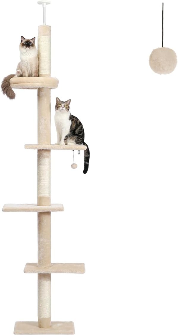 5-Tier Cat Tower Adjustable Tall Cat Climbing Tree with Scratching Post - Beige Plush