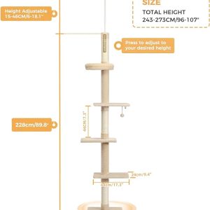 5-Tier Cat Tower Adjustable Tall Cat Climbing Tree with Scratching Post – Beige Plush Dimensions 5-Tier Cat Tower Adjustable Tall Cat Climbing Tree with Scratching Post - Beige Plush Dimensions