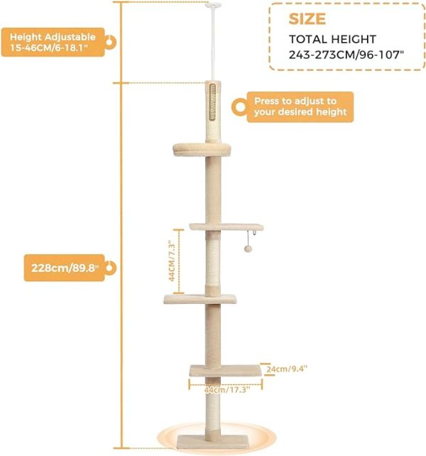 5-Tier Cat Tower Adjustable Tall Cat Climbing Tree with Scratching Post - Beige Plush Dimensions
