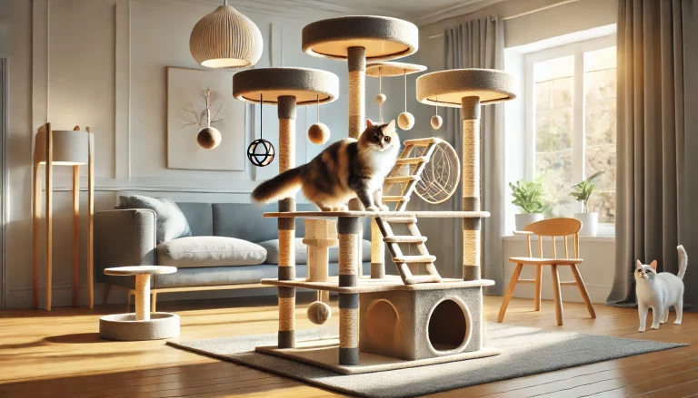 realistic hero image featuring a cat playing on a tall cat tower