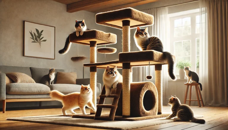 realistic hero image featuring cats playing on a large cat tree